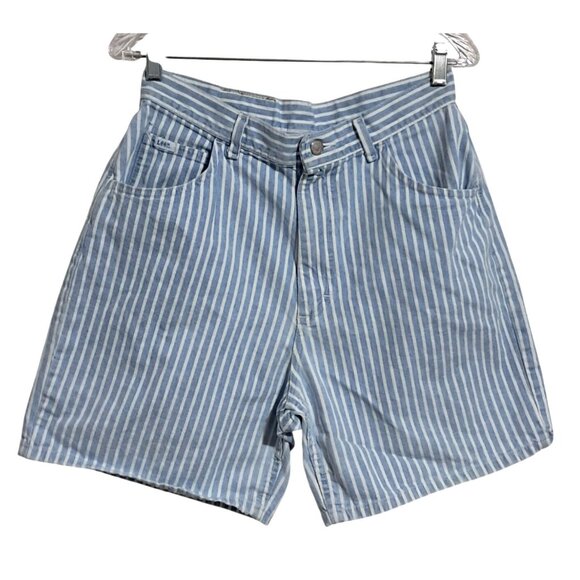 Lee Womens Vintage High Waist Striped Denim Shorts Size 14 Petite Blue & White - Picture 1 of 8